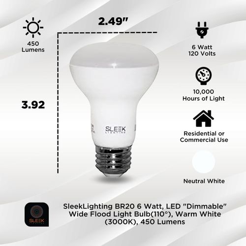 SLEEKLIGHTING BR20 6 Watt, LED Dimmable Wide Flood Light Bulb(110°), Warm White (3000K), 450 Lumens, E26 Medium Base, 45 Watt Equivalent, UL& Energy Star Approved (Pack of 6)