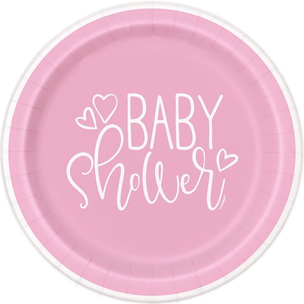 Unique 73365EU Eco-Friendly Paper Plates-23 cm-Pink Hearts Baby Shower-8 Count (Pack of 1), Multicolour