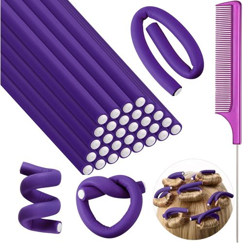 SHAPEPOTY 30 Bacchette Curling Flessibili Rulli per Capelli in Schiuma Twist Bastoncini per Capelli in Morbida Schiuma Senza Calore Rulli e 1 Pettine Coda Topo in Acciaio (7 x 0,3 Pollici, Viola)