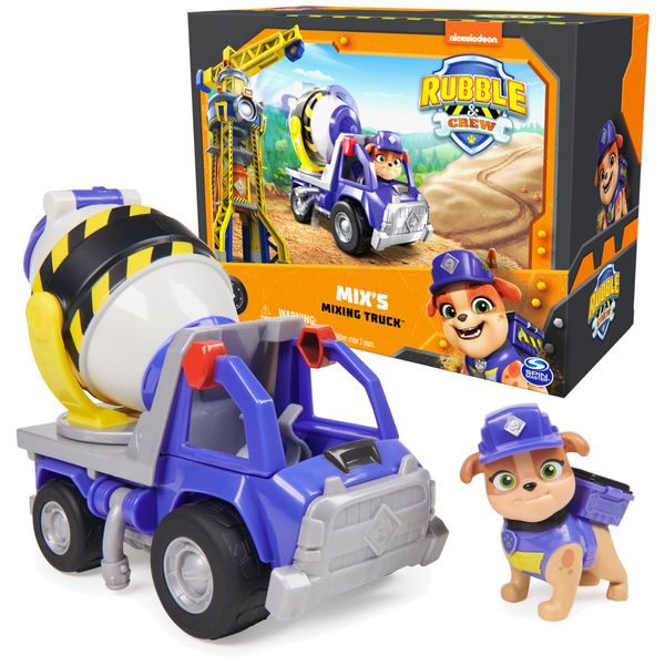 Rubble & Crew, Mix’s Cement Mixer Toy Truck with Action Figure and Movable Construction Toys, Kids Toys for Ages 3 and Up