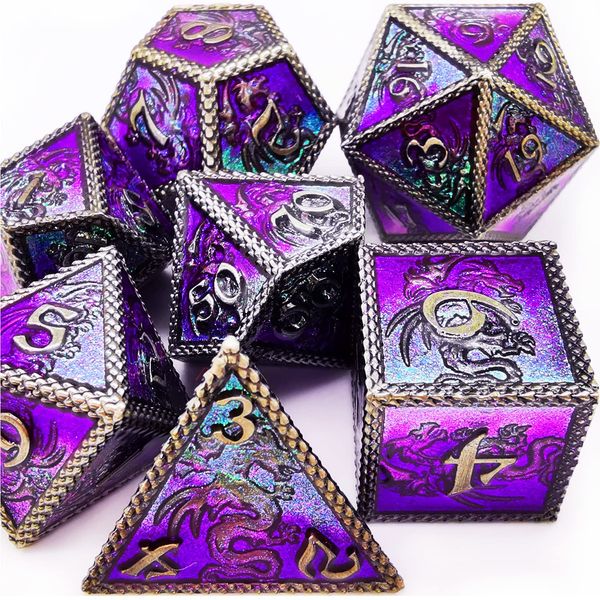 HAOMEJA Dungeons and Dragons Dice DND Dice Set D and D Dice Metal 6 Sided Polyhedral Dice for Pathfinder MTG Board Games Roll Playing Dice D&D Dice Set D20 D12 D10 D8 D6 D4 (Silver Blue Purple)