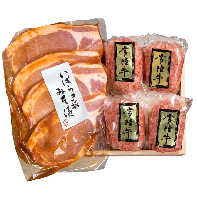 Iijima Hitachi Beef Hamburger Steak, 3.5 oz (100 g) x 4 Pieces & Ibaraki Pork Miso Pickled 90g x 4 Pieces Set, Wooden Box | White Day Gift, Home Celebration, Return, Celebration, Birth, Wedding,