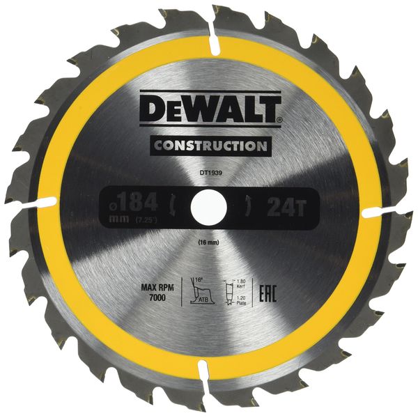 DEWALT DT1939-QZ Portable Construction Circular Saw Blade, 184 x 16mm, 24T, Carbide, Yellow