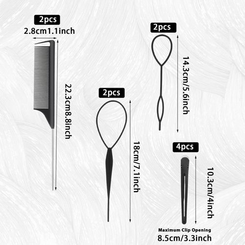Topsy Tail, Hairstyle Aid, Hair Styling Comb Set, Hair Tail Tool and Rat Tail Comb, Hair Styling with Metal Pen, 4 Black Hair Pins and 4 French Braid Tools