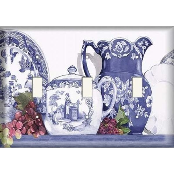 SnazzySwitch Blue and White Teapot Decorative Light Switch Cover - Triple Toggle Wall Plate