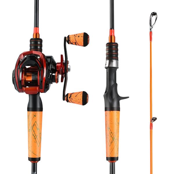 One Bass Fishing Rod and Reel Combo, Medium Fast Baitcasting Combo, 24-Ton Carbon Fiber 2 Pieces Fishing Poles with Baitcasting Reel Super Polymer Handle-Orange- 2.1M -Right Handed