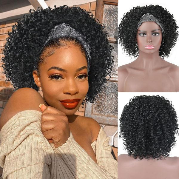 LEOSA Kinky Curly Headband Wigs for Women Short Hair Afro Curly Headband Wig Natural Black Afro Wig with Headband Attached Black Half Wig