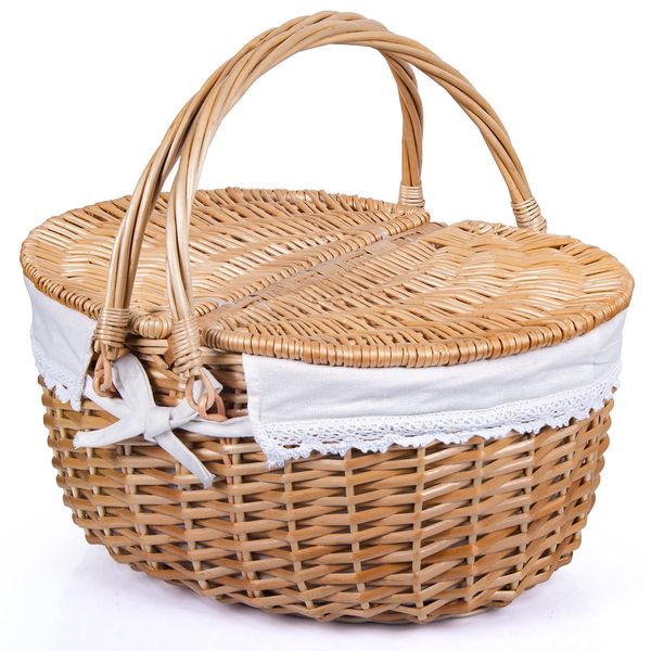 Wicker Picnic Basket with Lid and Handle Sturdy Woven Body with Washable Lining