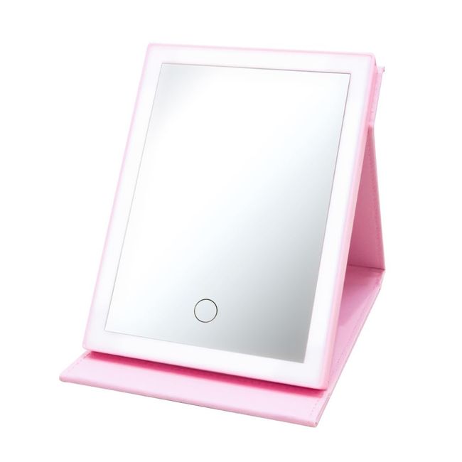 Azumi Shoji LED Lighted Makeup Mirror, Leather-like Cover, Actress Mirror, Makeup, Makeup Mirror, 3-Level Dimming LED Light, Cosmetic Mirror, Lighting, USB Rechargeable, Makeup Remediation (Pink)