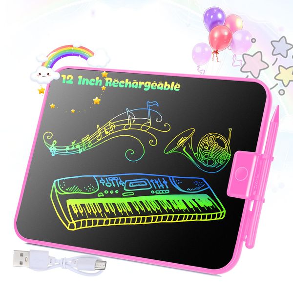 LCD Writing Tablet for Kids, 12 Inch Rechargeable Toddler Doodle Board Drawing Tablet, Erasable Reusable Electronic Drawing Pads, Educational Learning Toys for Boys Girls as Birthday Gifts (Pink)