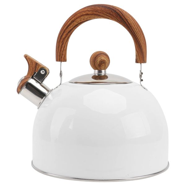 Whilstling Kettle Stove Top Teapot:- Cabilock 2.5L Stainless Steel Camping Kettle for Gas Stove or Induction Hob with Wooden Grain Foldable Handle and Tall Whistle, Fast Boil Teapot - White