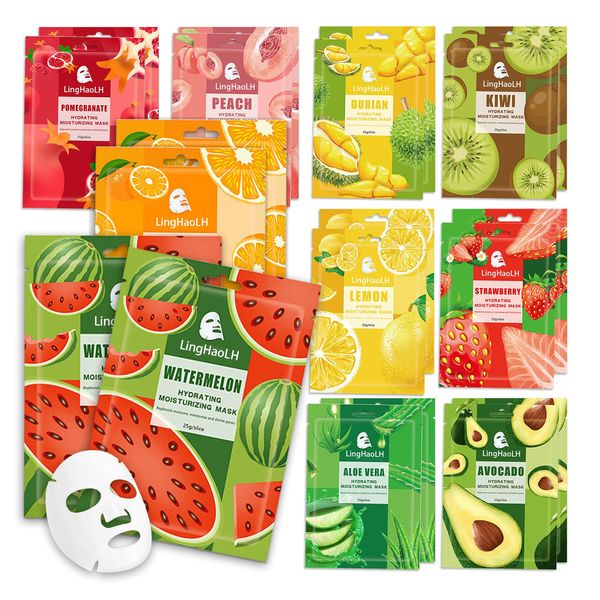 LingHaoLH 20 Pack Facial Sheet Face Mask Variety Set for All Skin Types,Hydrating Moisturizing Sheet Masks Combo