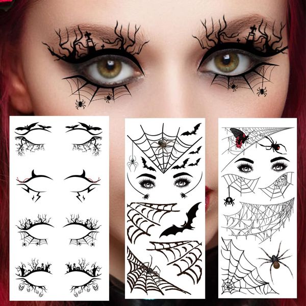 4 Pairs of Halloween Eye Shadow Temporary Tattoo Stickers Eyeliner Decals with 2 Sheets Spider Web Skull Bat Temporary Tattoo Stickers Face eye Makeup Stickers for Women Girls Halloween Masquerade Party