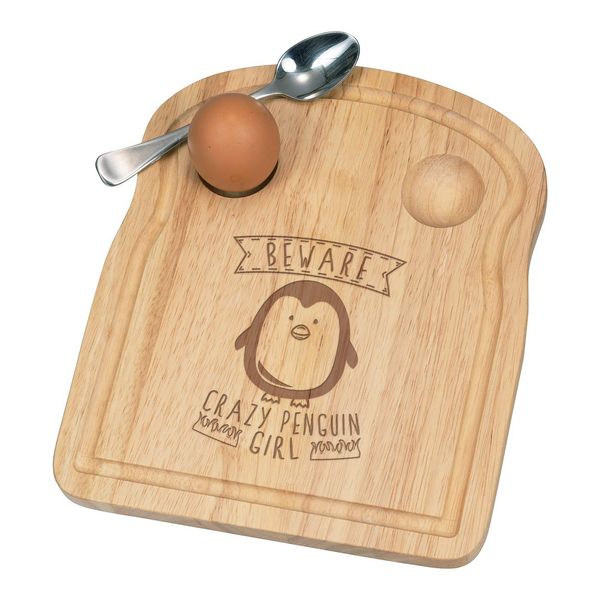 Beware Crazy Penguin Girl Breakfast Dippy Egg Cup Board Wooden Easter