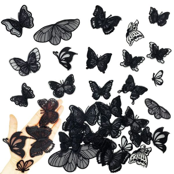 30Pieces Butterfly Lace Embroidered Appliques Sew On Patches for Wedding Bridal Dress Clothes Hair Accessories Sewing Craft DIY (Black)