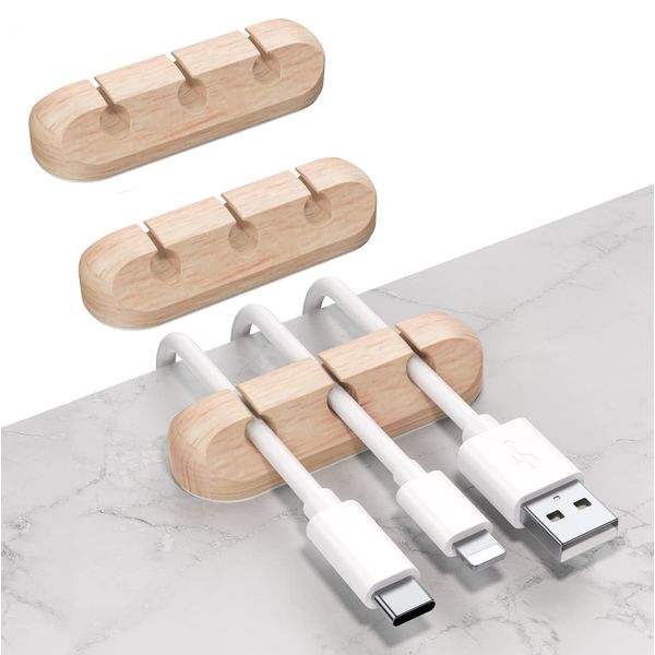 SOULWIT 3 Packs of Wood-Patterned Cable Holder with 3/3/3 Slots, Cable Clip, Lightning Cable, USB Cable, Charging Cable, Headphone Cable, Mouse Wiring, Keyboard Wiring, Desk Cord, Organizer, Double-Sided Tape, Clip