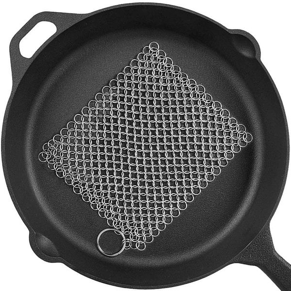 PIBC Cast Iron Cleaner 8"x6" 316L Stainless Steel Chainmail Scrubber for Griddle Skillet Dutch Oven Wok Stainless Steel Pot Cast Iron Pan