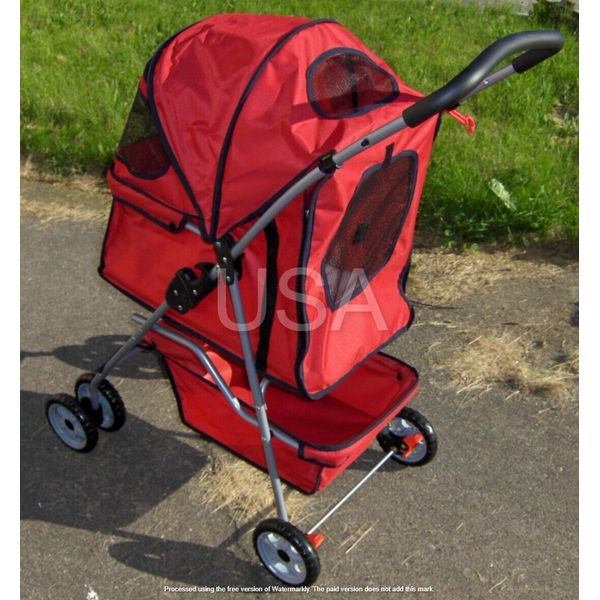 Red 4 Wheel Folding Portable Pet Stroller Cat Dog Travel Carrier with Basket