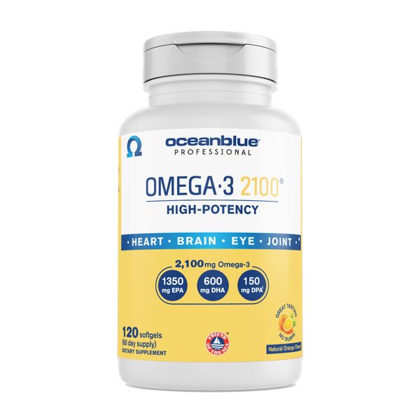 OceanBlue Professional Omega-3 2100-60 Count - High-Potency Triple Strength Burpless Fish Oil Supplement with EPA, DHA & DPA - Orange Flavor, 30 Servings