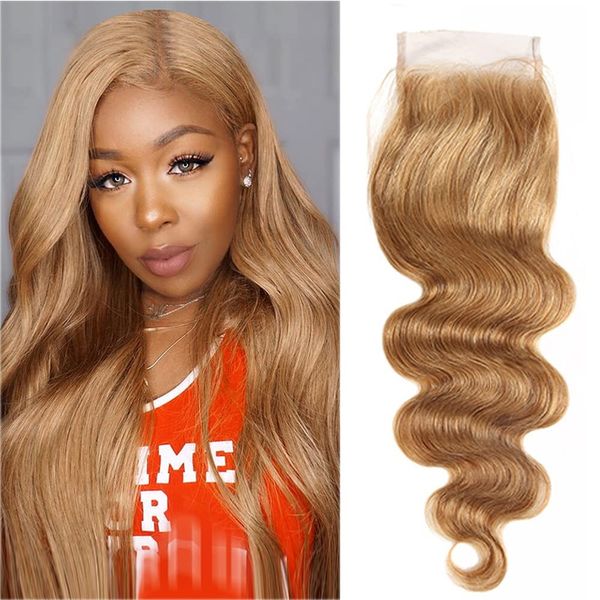 4X4 Honey Blonde Closure Pre Plucked Closure Hd Transparent Lace Free Part Lace Front Closure With Baby Hair Brazilian Virgin Hair Body Wave Lace Closure 14 Inch Next Day Delivery 27# Closure