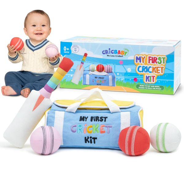 CRICBABY My First Cricket Kit | Organic Soft Plush Toy | Gift Baby and Infant 0-2 Years | 3 Soft Sensory Cricket Balls-Rattle, Crinkle, Squeaker & 1 Rainbow Rattle Cricket Bat | Safe, Fun, Educational