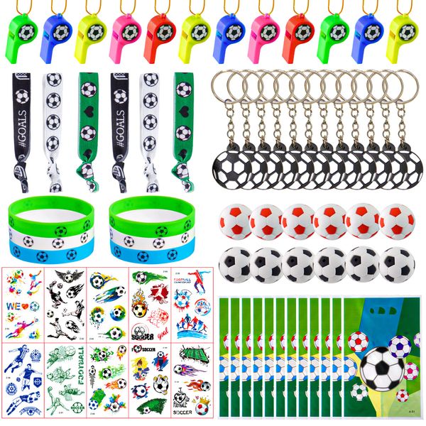 Soccer Party Favors Supplies Set With 80PCS Soccer Theme Birthday Party Decorations Gift Toy Stickers Eraser Silicone Wristbands Soccer Ball Keychains Whistle Prefect for Football Party Gifts Bags