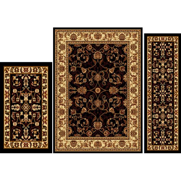 Traditional Black Oriental 3 Pieces Vine Persien Border Area Rug Runner Mat Set