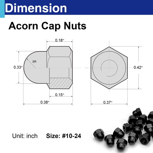 35Pcs #10-24 Acorn Cap Nuts, Zinc Plating-Black Hex Head Acorn Cap Nuts, Stainless Steel 18-8 (304) Hexagon Dome for Indoor Outdoor