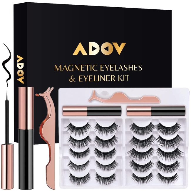 ADOV 10 Paar Magnetische Wimpern und 2 Tuben Magnetisches Eyeliner-Set, 3D-Natürlicher Look, Magnetische Wimpern mit Eyeliner Wiederverwendbar, kein Kleber Erforderlich, Einfach zu Tragen, Langlebig