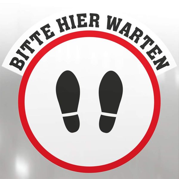 WANDKINGS Fußbodenaufkleber, Bitte hier warten, Größe: 75 x 75 cm, Füße Aufkleber Kreis Rund, Markierung für Fußboden, Abstand halten, Warnzeichen, Warnmarkierung, mit Rutschhemmung