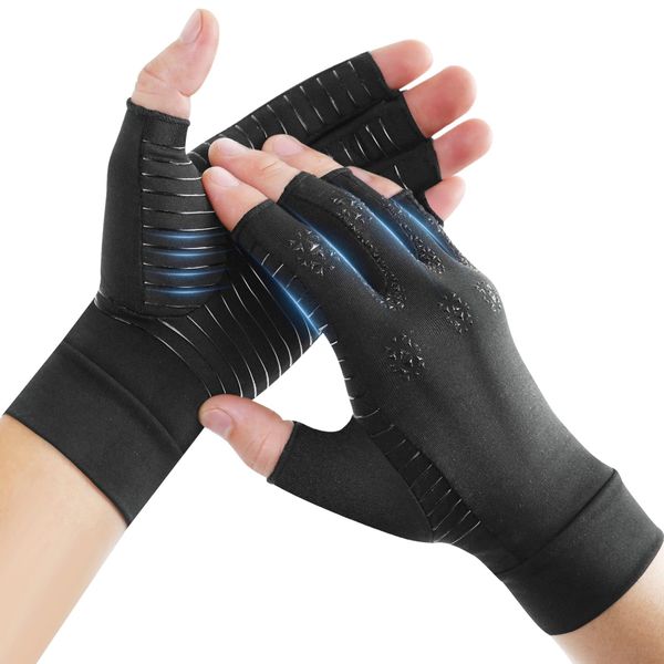 Donfri Copper Arthritis Compression Gloves, Finger Strengthen Gloves for Hand Swelling, Fingerless Computer Typing Gloves (Black, M)