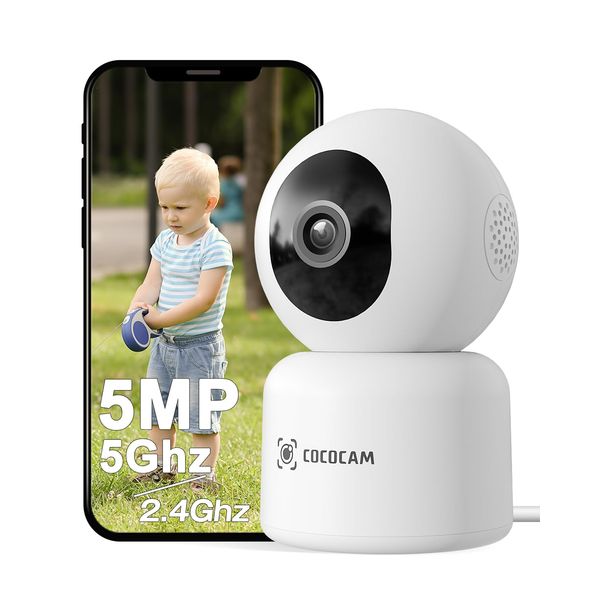 COCOCAM 5MP Indoor Camera, 2.4/5GHz WiFi Security Camera Indoor for Baby/Pets, 355° P 95° T, 24/7 Recording, AI Motion Detection, Auto Tracking, 2-Way Audio, Cloud/TF Storage, Works with Alexa