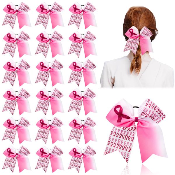 Retrowavy 18 Pcs 7 Inch Breast Cancer Awareness Cheerleader Bows Pink Ribbon Hair Bows Accessories Large Bow Hair Tie Ponytail Holder Elastic Band for Teens Women Public Charity (Ribbon)