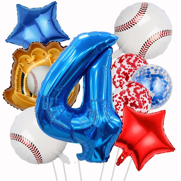 HADCKJA Baseball Balloon Baseball Birthday Party Supplies Number 4 Balloon Baseball Glove Balloon Red Blue Star Red Blue Confetti Balloon for Boy Shower Decorations Birthday Party Decorations 9Pcs