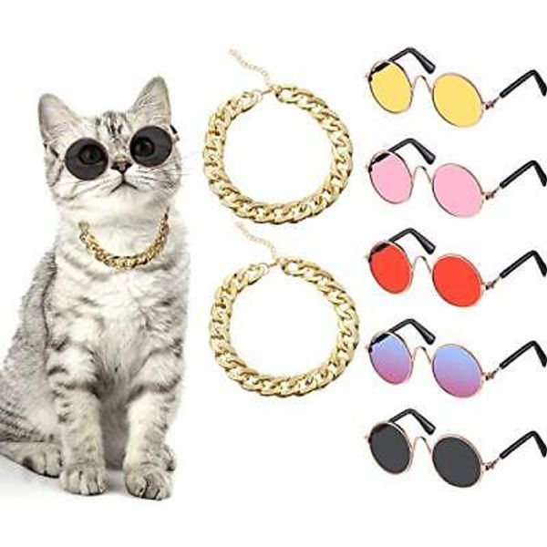 7 Pieces Dog Costume Set Include Adjustable Gold Pet Chain And Funny Cute Cat Sm