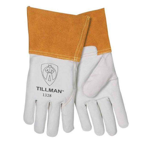 John Tillman "X-Large 13"" Pearl and Gold Top Grain Goatskin Unlined TIG Welders Gloves with 4"" Cuff and Kevlar Thread Locking Stitch (Carded)" (1328XL)