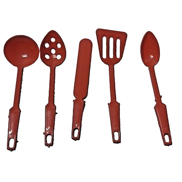 Childs Toy Plastic Red Serving Utensils Spatula Spreader Spoon Slotted 5 pc