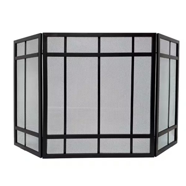 3-Panel Fireplace Screen Black Mission Style Hearth Cover Metal Steel Wenge Fire