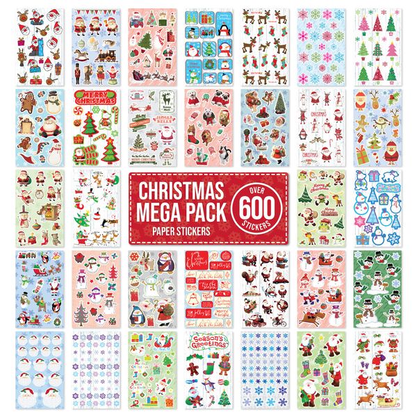 Christmas Stickers Decorating Bulk Pack Xmas Sale - OVER 600 Self Adhesive Paper Stickers - Merry Xmas Crafting, Scrapbook, Gift, Present, Party Bag Filler, Card Making Supplies for Kids