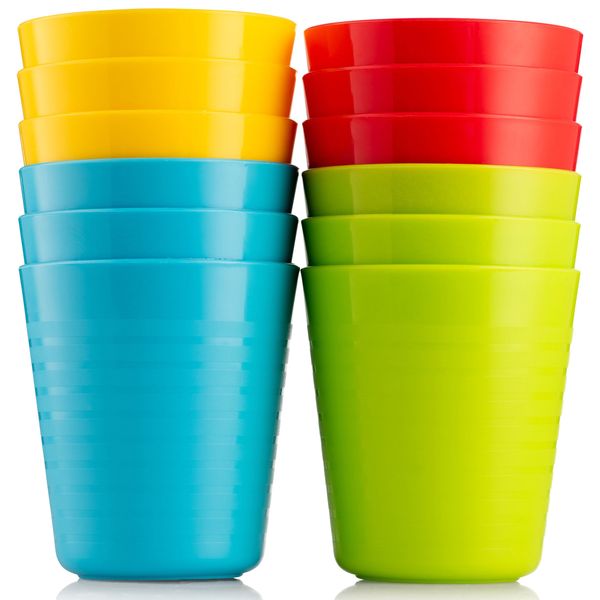 PLASKIDY Kids Cups - Set of 12 Kids Plastic Cups - 8 oz Kids Drinking Cups -Plastic Cups Reusable - Dishwasher Safe - BPA-Free Cups for Kids & Toddler