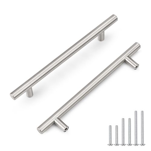Probrico 6Pack 160mm(6-1/4inch) Hole Centers Brushed Nickel Cabinet Handles Stainless Steel Kitchen Dresser Pulls Euro T Bar Drawer Pull Handle Length 224mm(8.8inch)