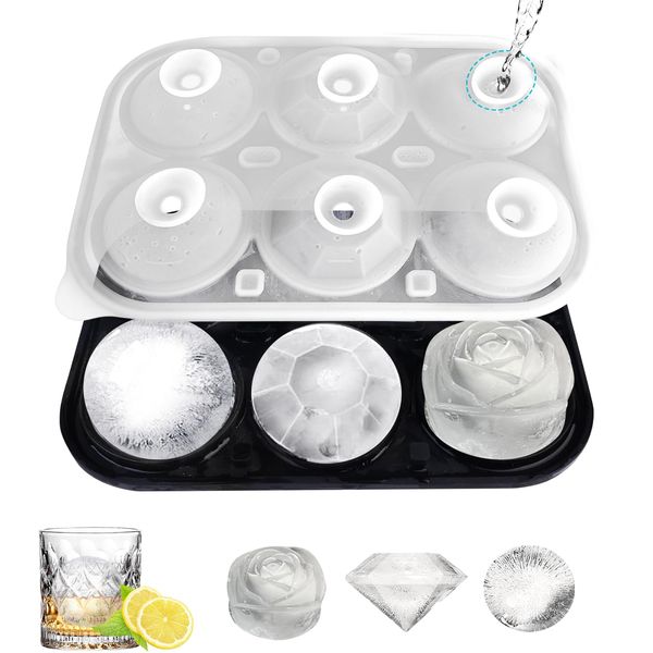 Eiswürfelform Silikon Groß 6 Fach XXL Eiswürfelschale mit Deckel Eiswürfel Rose Rund Kugel BPA-frei Wiederverwendbare eiskugelformer Eiswürfelbehälter für Cocktails Whisky Gin Wein Eiscreme