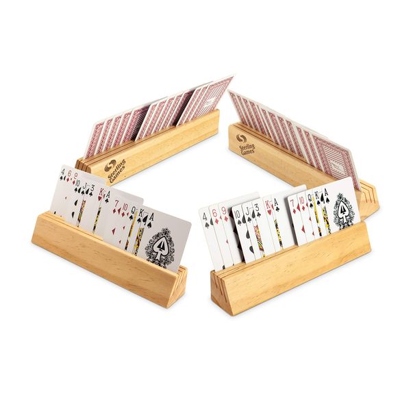 STERLING Games Wooden Playing Cards Holder, Set of 4 Playing Card Holders for Kids Seniors Adults, Card Holding Tray Rack Stand for All Card Games and Board Games