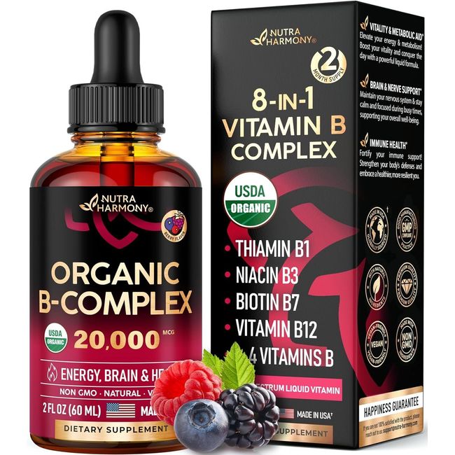 Organic Vitamin B Complex Liquid Drops - B1, B2, B3, B5, B6, B7, B8, B9, B12
