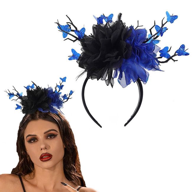 Flayem Party Blumen Stirnband Blau Schmetterling Hairhoop Einstellbar Halloween Haarband Schwarz und Blau Blume Haarschmuck für Frauen und Mädchen