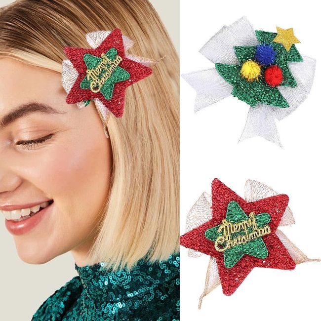 Edary Haarspangen-Set mit Schleife, roter Stern, Haarspangen, Glocken, Weihnachten, Haar-Accessoires, Festival, Haardekoration für Kinder und Erwachsene (2 Stück) (grün)