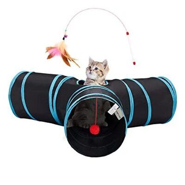 Tempcore Pet Cat Tunnel Tube Toys 3 Way Collapsible, Tunnels 3-Way 3-Way Blue