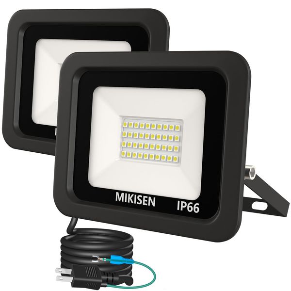 MIKISEN LED Floodlight, Work Light, Signboard Light, 30W, Daylight, 3600LM, 6500K, 250W Equivalent, 1.8 Code, IP66 Waterproof, 2P Plug with Ground Terminal, 120° Wide Angle, 100 V Compatible, Work