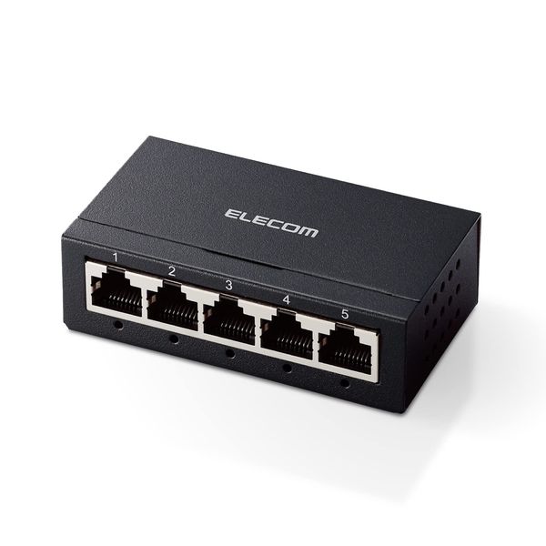 Elecom EHC-G05MA-B Switching Hub, 5-Port, Gigabit Metal Enclosure, Compact, Lightweight, AC Adapter Included, Wall Mount Compatible, Quiet Fanless, Power Saving, EU RoHS Compliant, Black