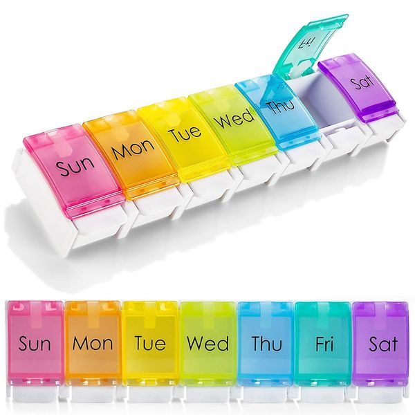 7 Days Tablet Organizer Medicine Storage Box Rainbow Colour Portable Pill Container Easy to Open Dispenser Planner Push Button Compartment Medicine Dispenser